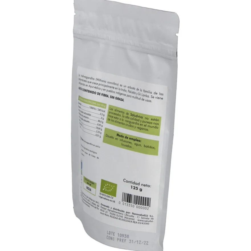 Ashwagandha en Polvo 125gr. Bio Sg S/a Vegan - Salud Viva