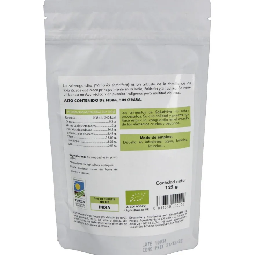 Ashwagandha en Polvo 125gr. Bio Sg S/a Vegan - Salud Viva