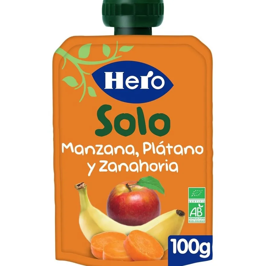 Baby Solo Ecológico Manzana Plátano y Zanahorias Bolsa 100g - Hero