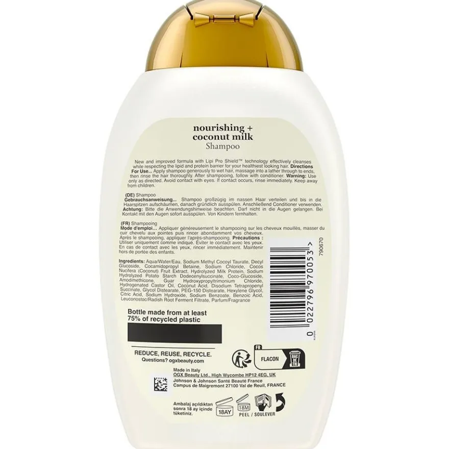 Champú Leche de Coco Libre de Parabenos, Pelo Seco, Hidratación y Elasticidad 385 ml - Ogx