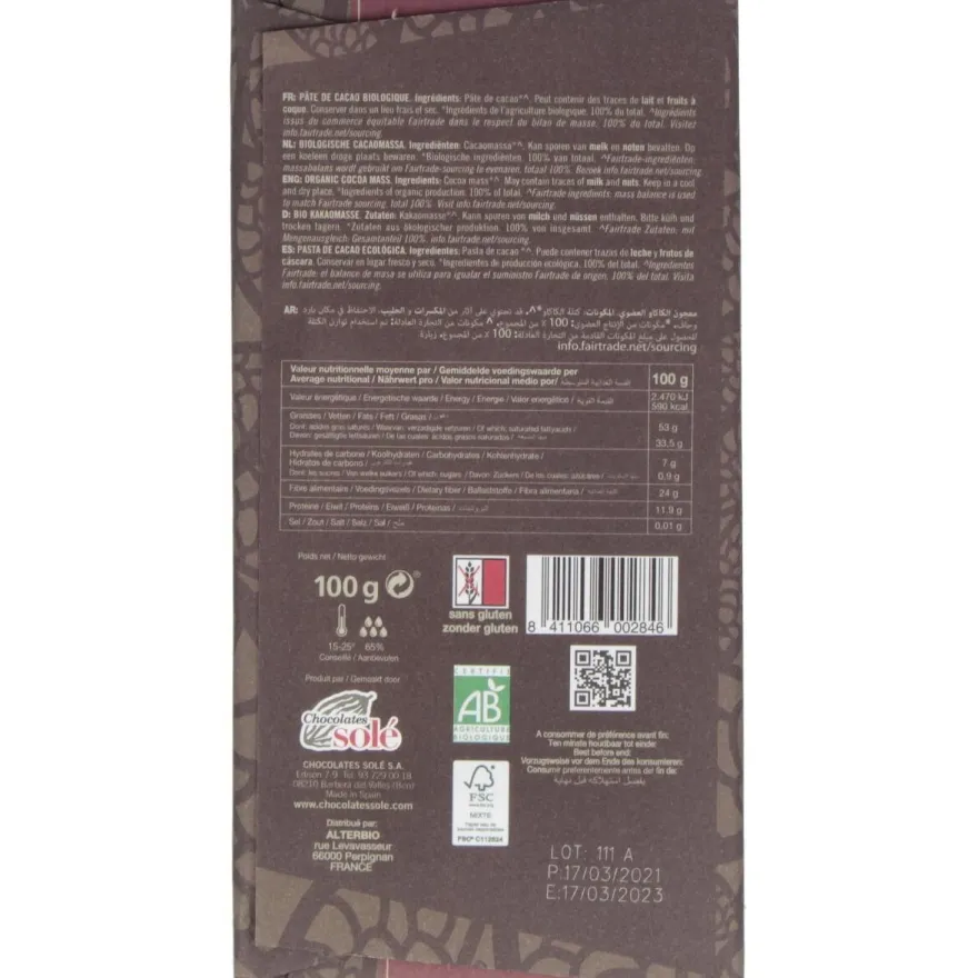 Chocolate Negro 100% 100gr. Eco Sg - Chocolates Sole