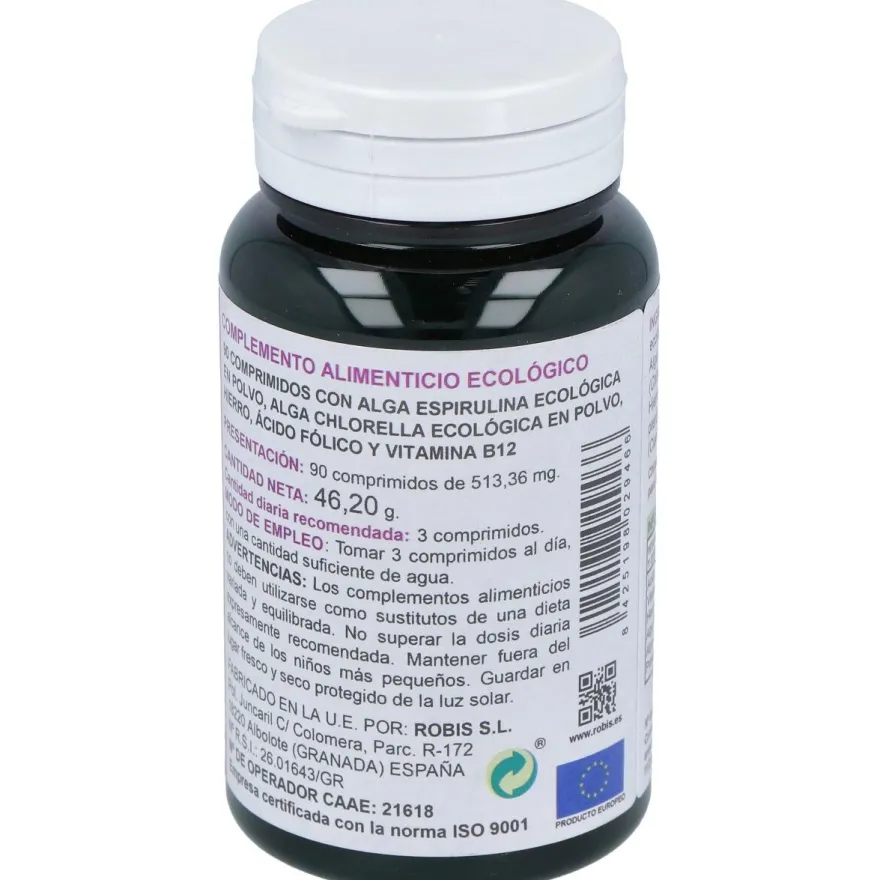 Espirulina+chlorella +ácido Folico+hierro+b12 90comp - Robis