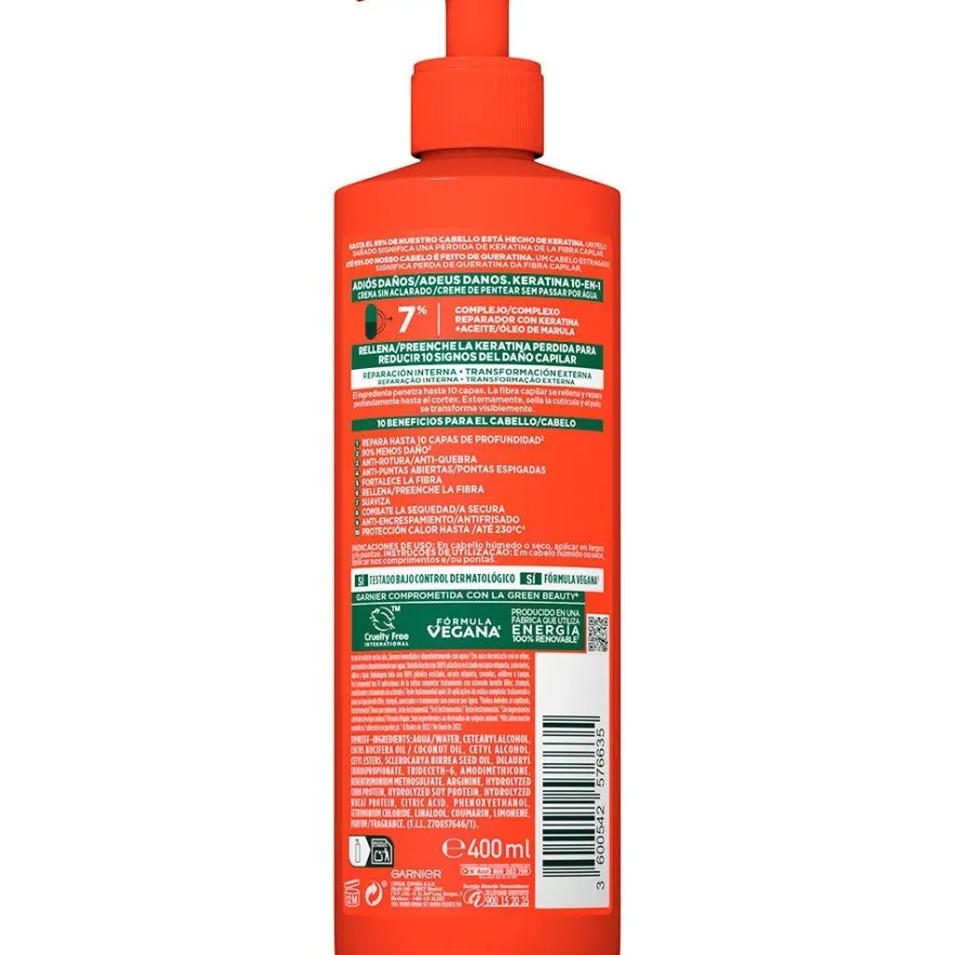 Garnier Fructis Keratina 10 En 1 Crema Sin Aclarado 400Ml