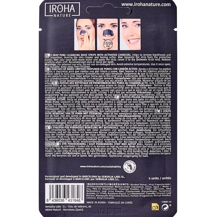 Iroha Nature Tiras Nariz Puntos Negros Carbón 5Uds