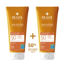 Pack Sun System Leche Velluto SPF 50+, 200 ml + 200 ml, 2ª ud al 50% de Descuento. - Rilastil