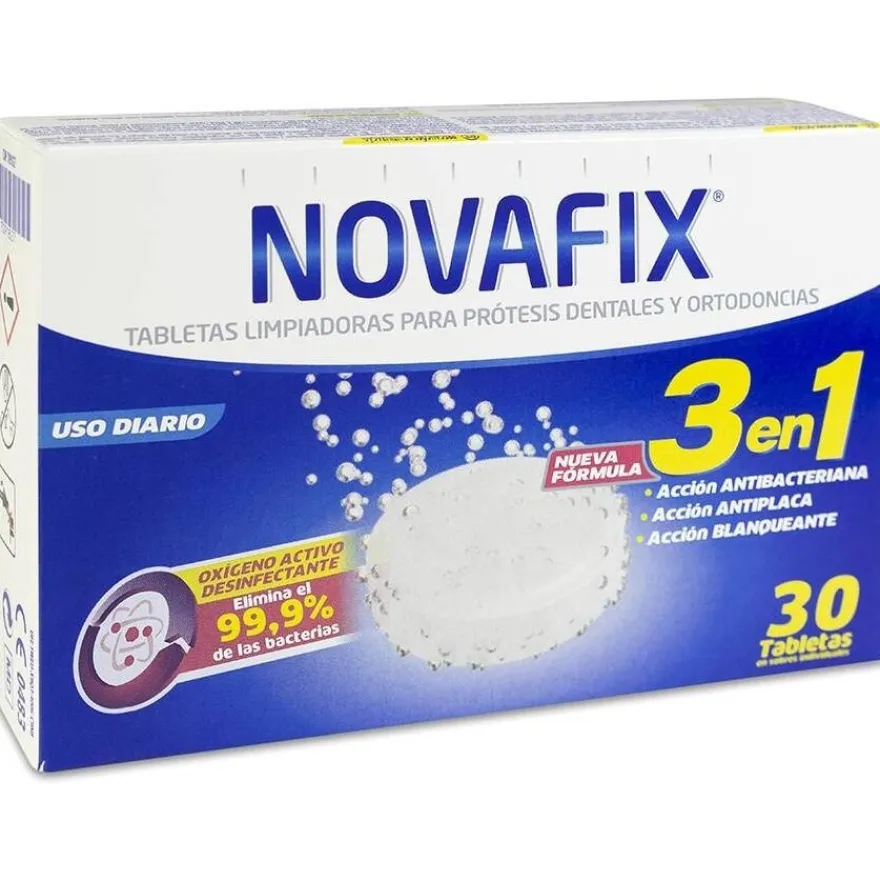 Tabletas Limpiadoras Prótesis Dental Antibacterianas 3 en 1, 30 Unidades - Novafix