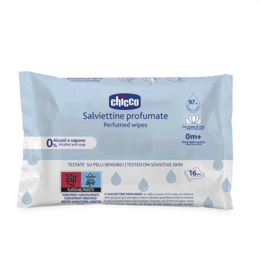 Toallitas Húmedas Perfumadas Cara, Manos y Pañal 16 pcs . - Chicco