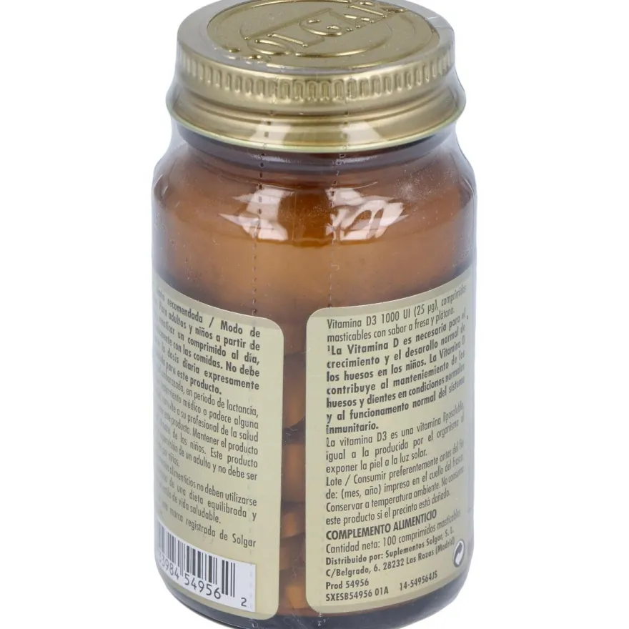 Vitamina D3 1000 Iu 25 Μg Comprimidos Masticables 100 u - Solgar