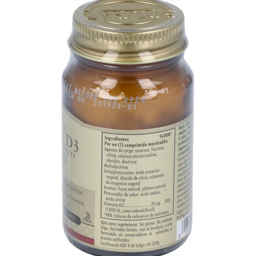 Vitamina D3 1000 Iu 25 Μg Comprimidos Masticables 100 u - Solgar